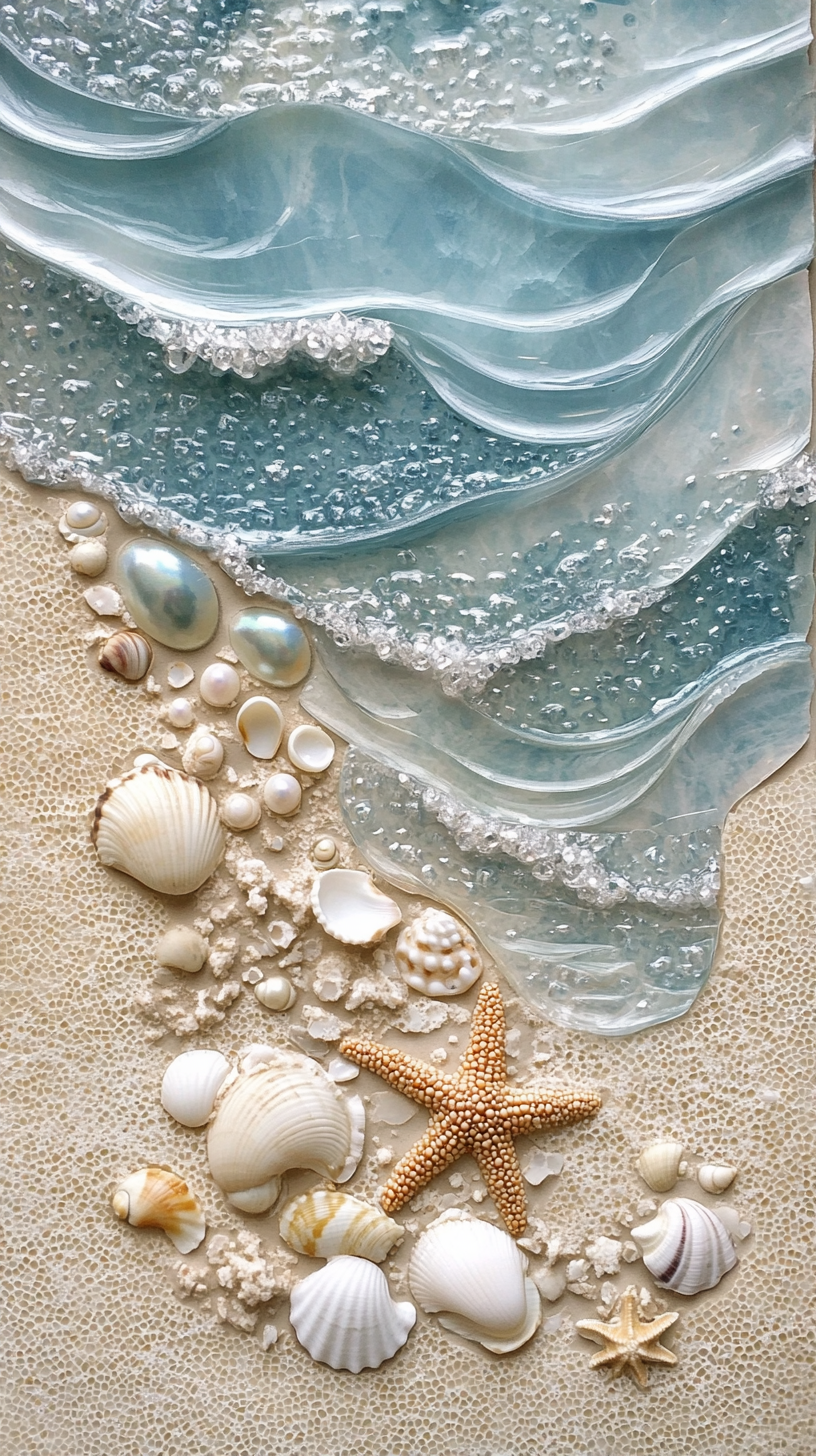 Ocean's edge mosaic depicting sea, sand, shells, starfish