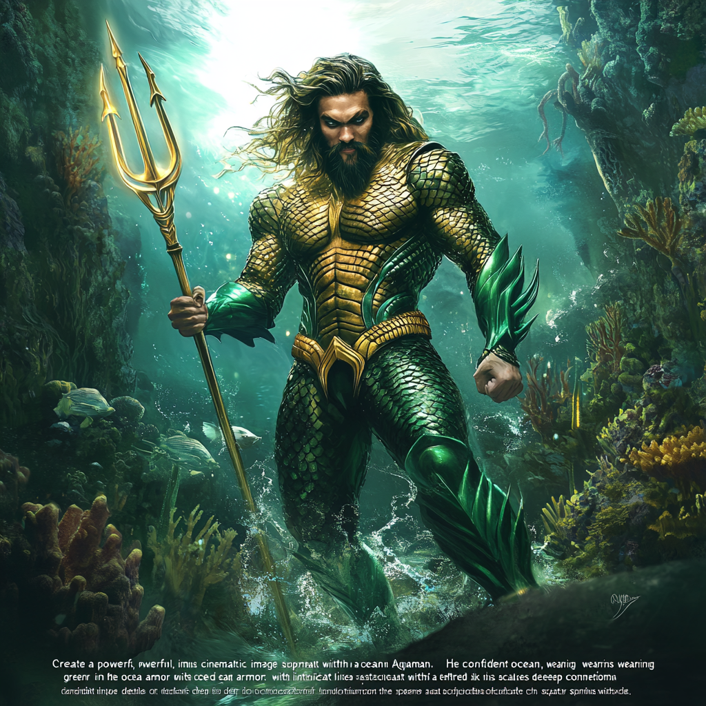 Ocean superhero with trident, surrounded by underwater kingdom dominance.