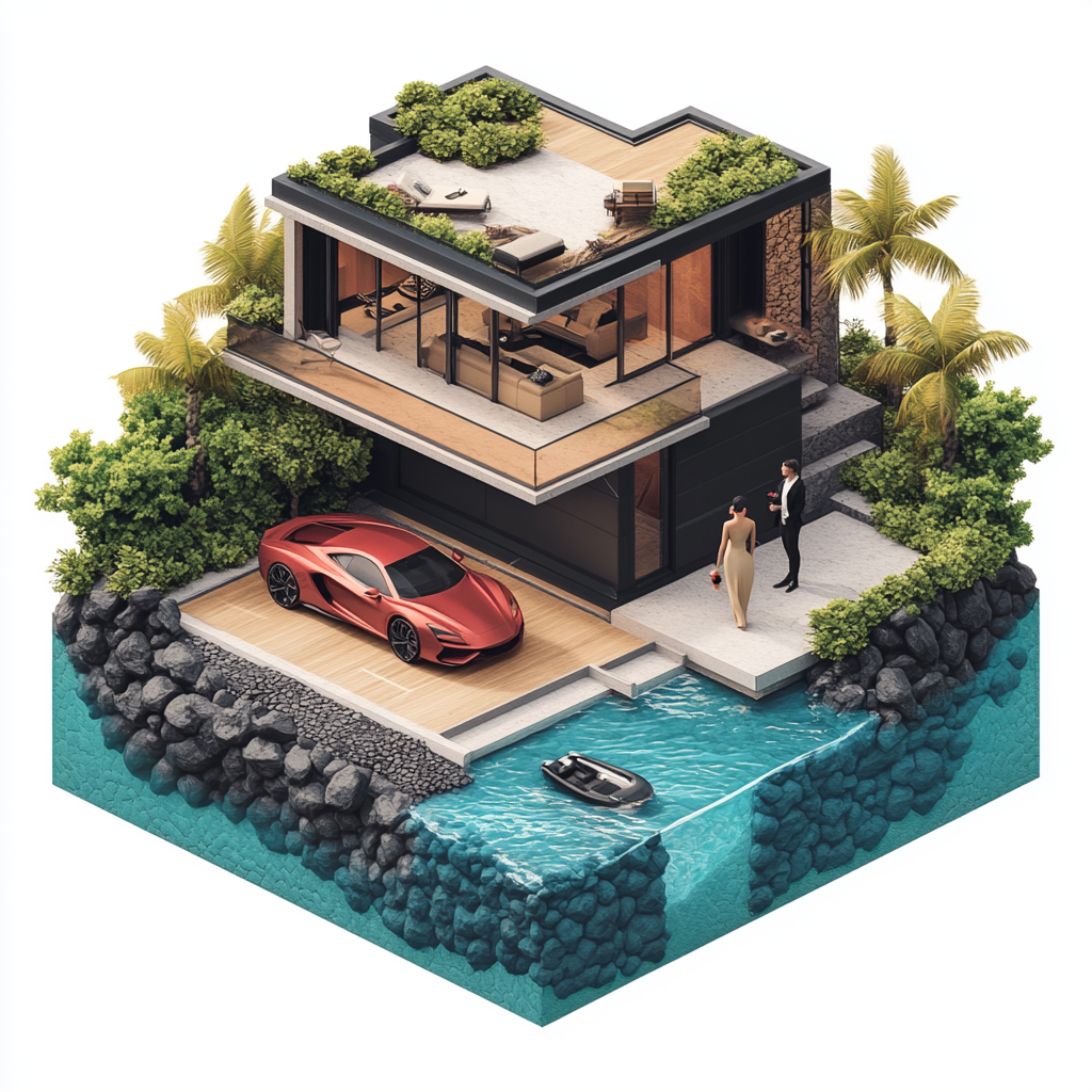 Oceanfront luxury home in Hawaii with supercar and couple.