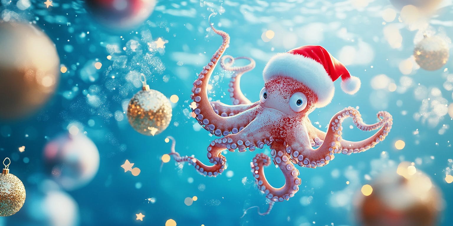 Octopus Santa with Christmas balls in blue water