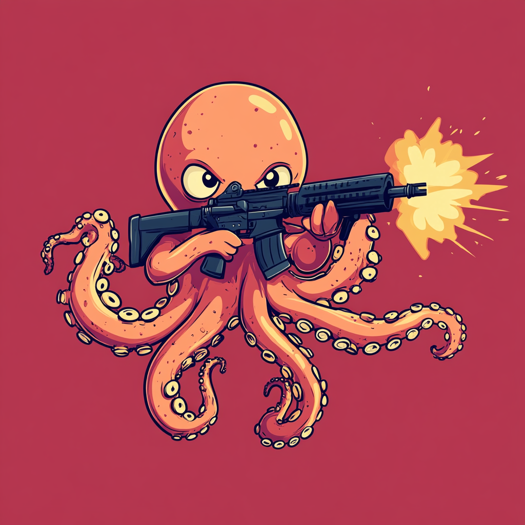 Octopus with gun emojis shooting ink, distracted.