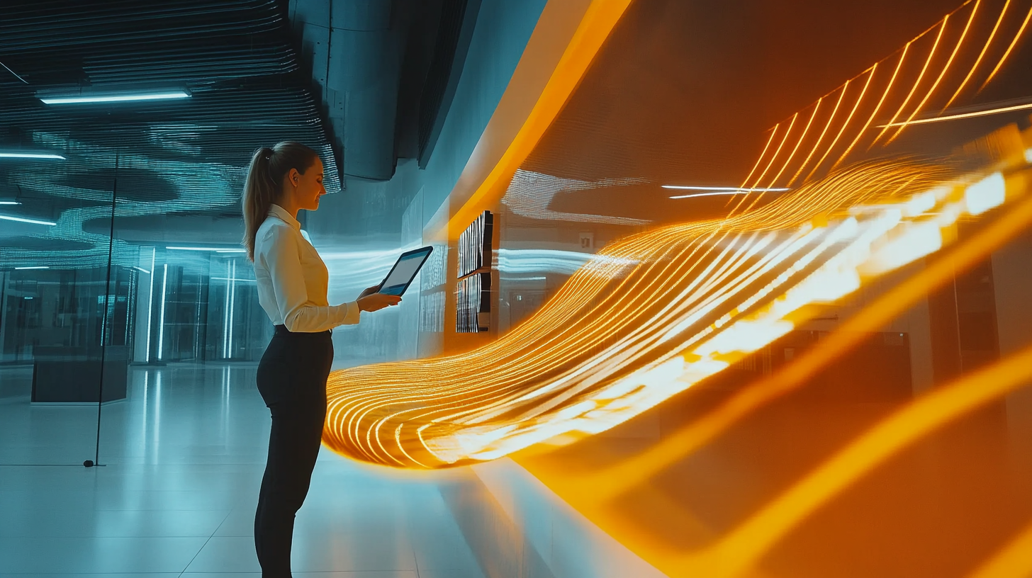 Office Ladies Connecting via Futuristic 'Digiflow' Energy Wave