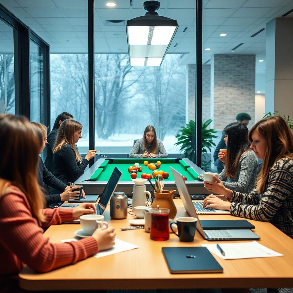 Office Staff Working and Relaxing on Winter Morning