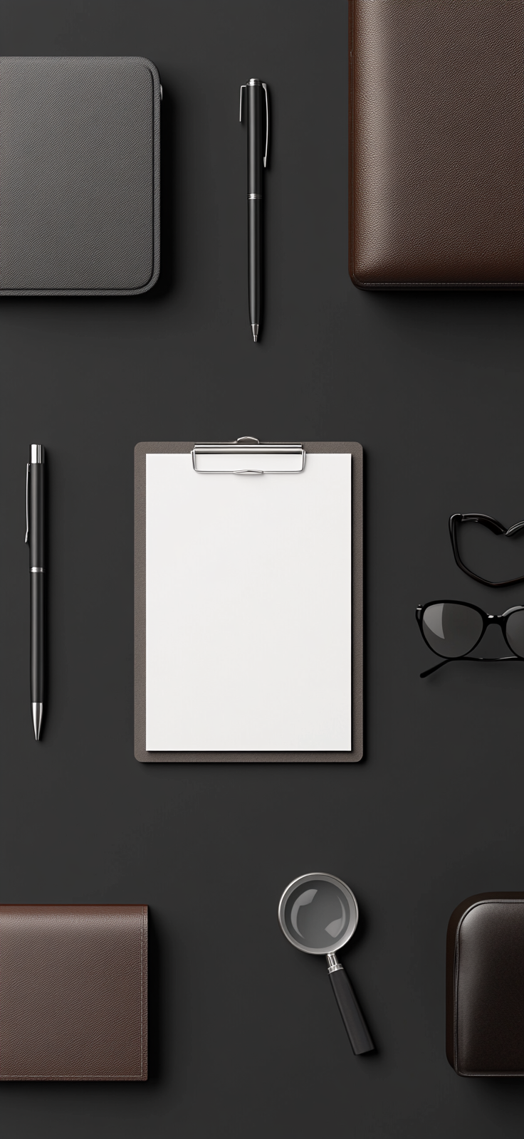 Office Supplies on Dark Gray Background: A Photorealistic Image.