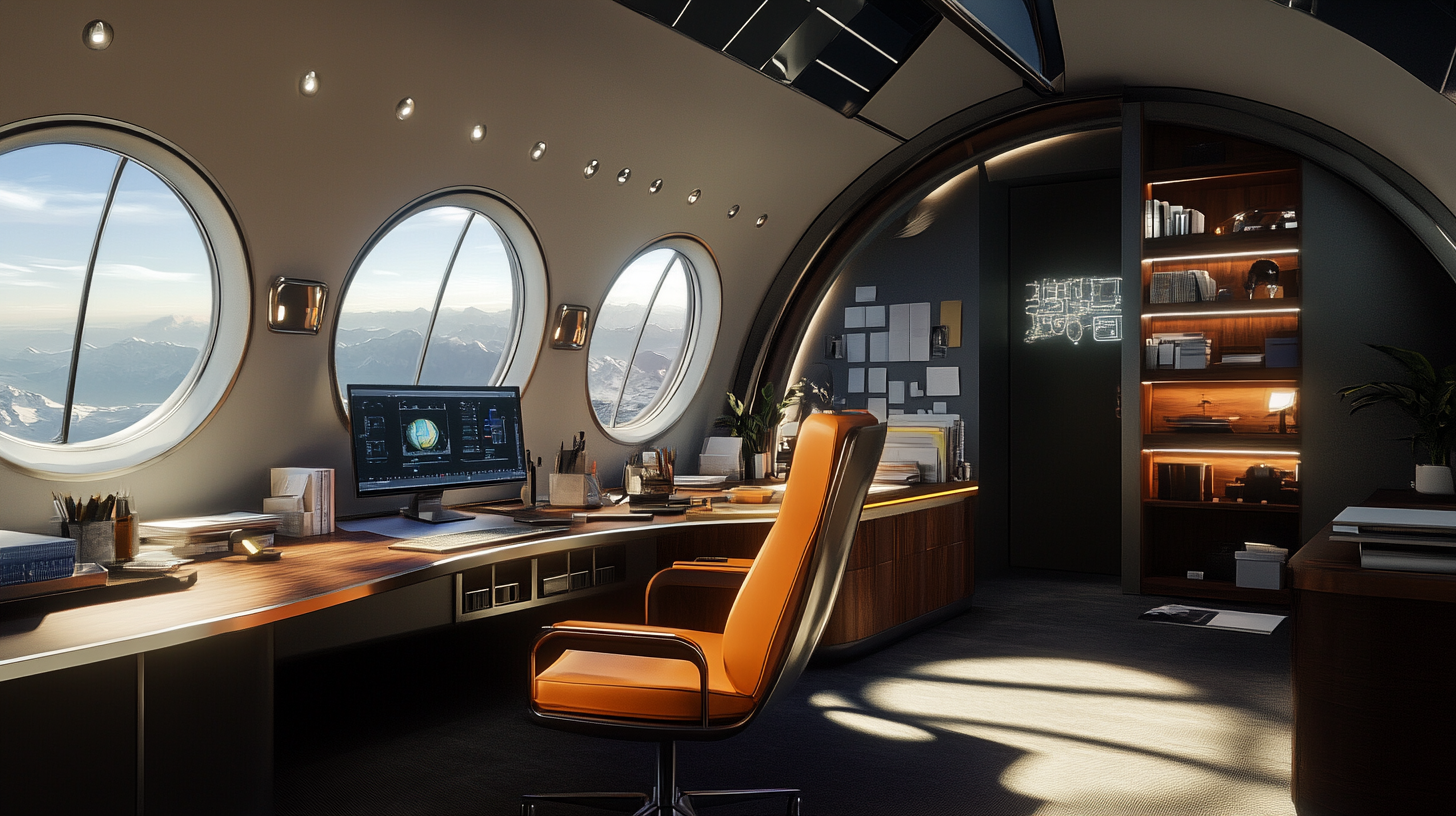 Office doubles as aircraft design studio, offers virtual reality.