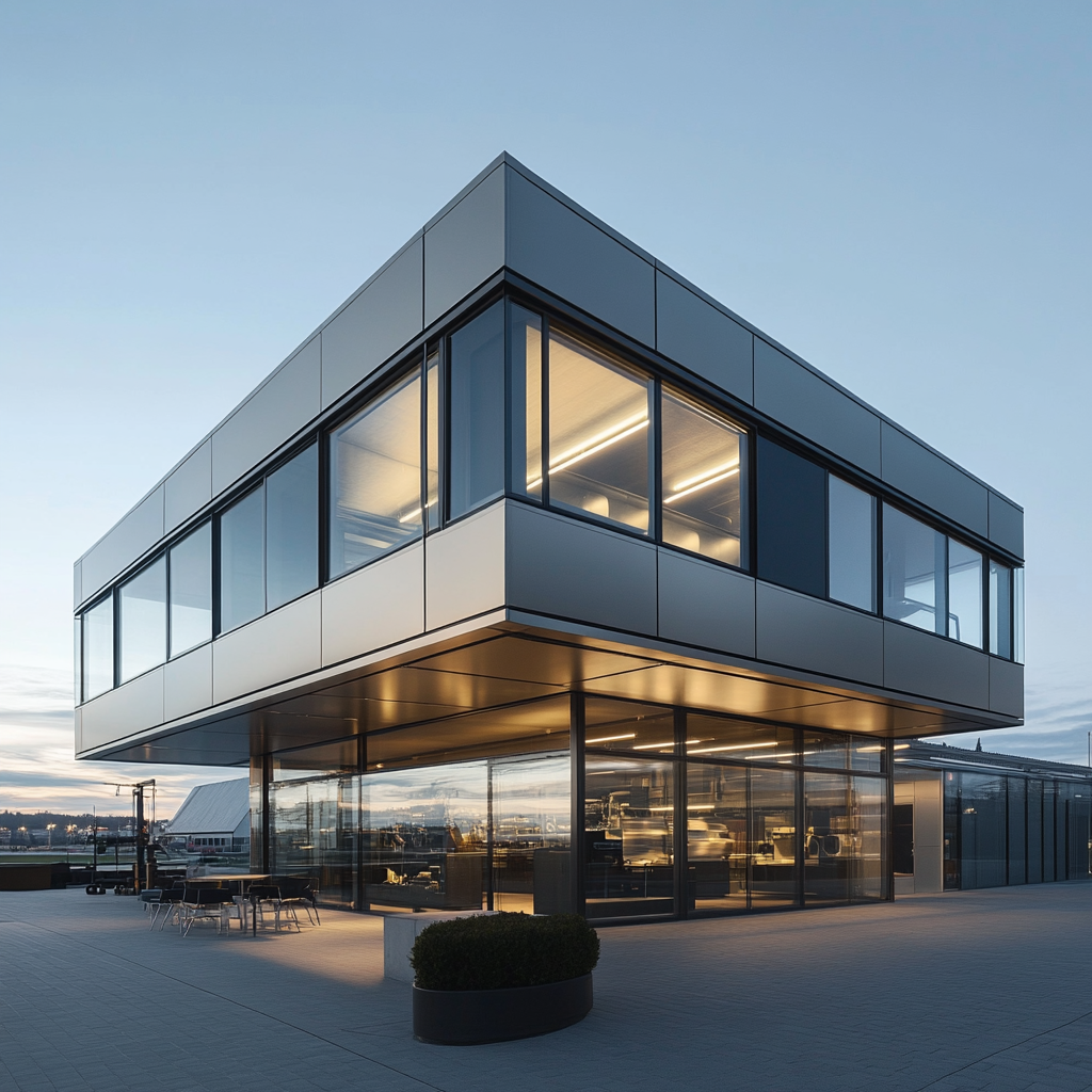 Office in Industrial Hall with Googie Style Facade