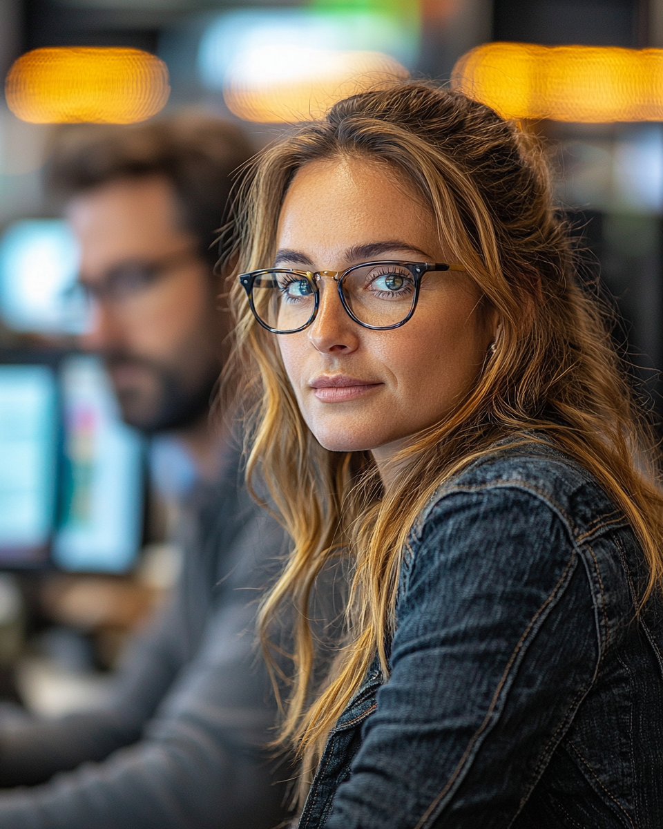 Office professionals working at computers in large office