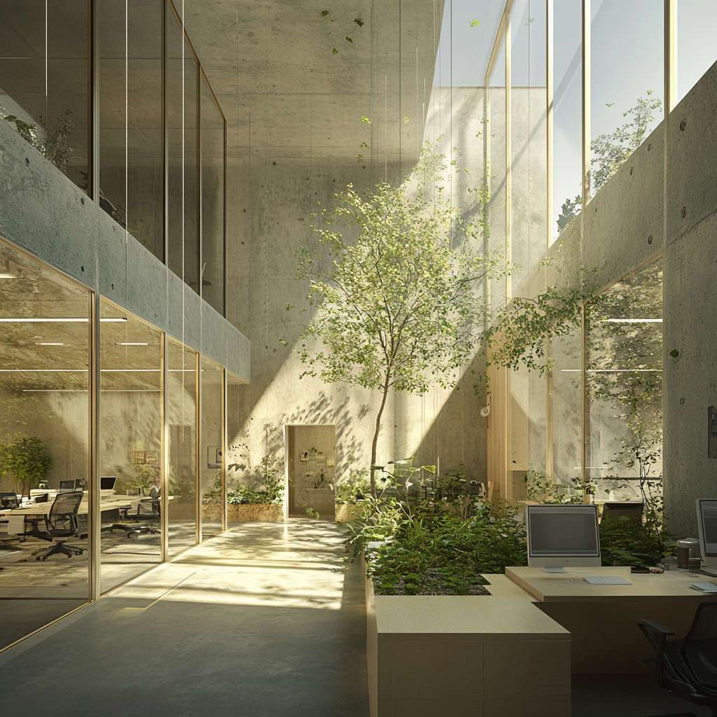 Office room with central space, greenery, loose environment.