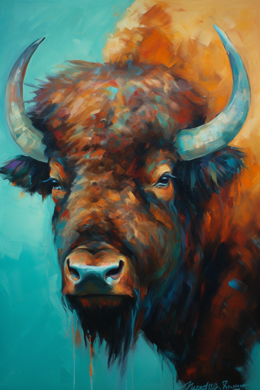 Oil Bison Painting Inspired by Charles G. Sheeler, Textured Canvas Portrait