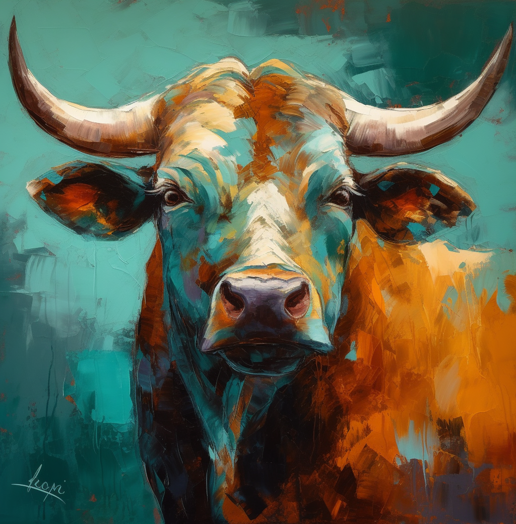 Oil Bull Portrait in Sheeler Style, Bold Colors