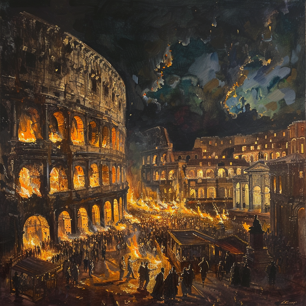 Oil painting Roman Coliseum at night with torches.