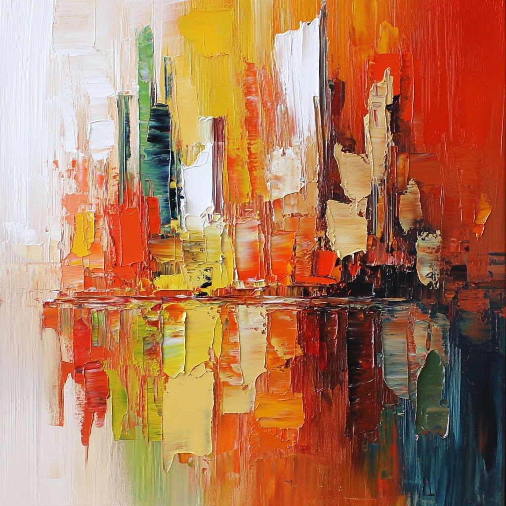 Oil painting for home office, warm colors, small knife marks.