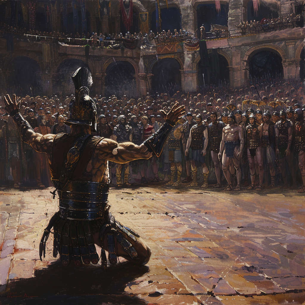 Oil painting of Coliseum crowd deciding fate of gladiator.