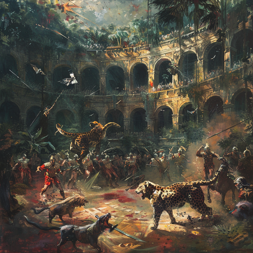 Oil painting of Roman Coliseum venatione event hunters.