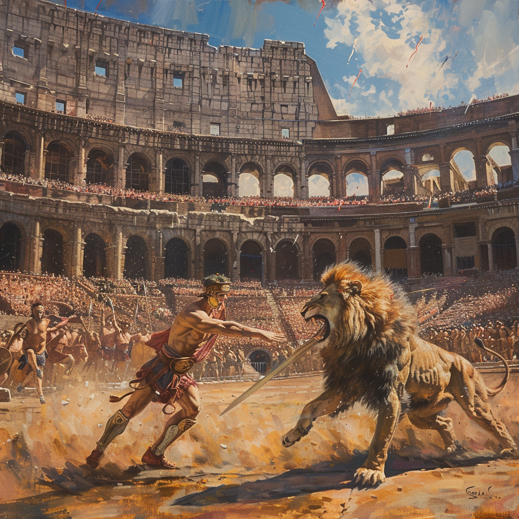 Oil painting of Roman Coliseum venatione with lion.