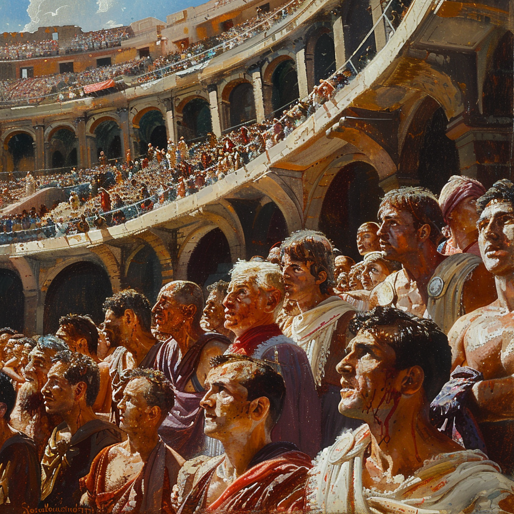 Oil painting of Roman Coliseum with diverse spectators.