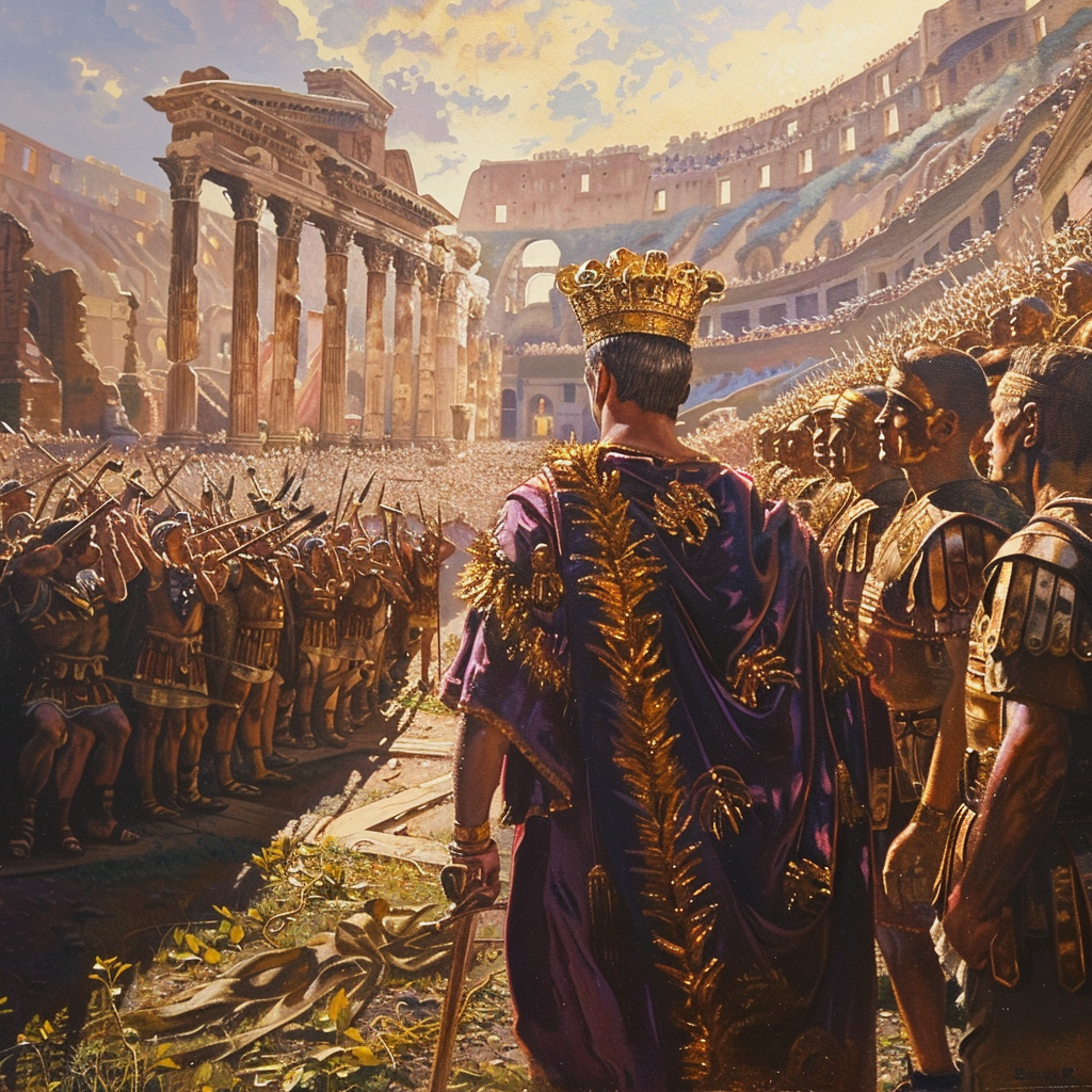 Oil painting of Roman emperor entering Coliseum, majestic scene.