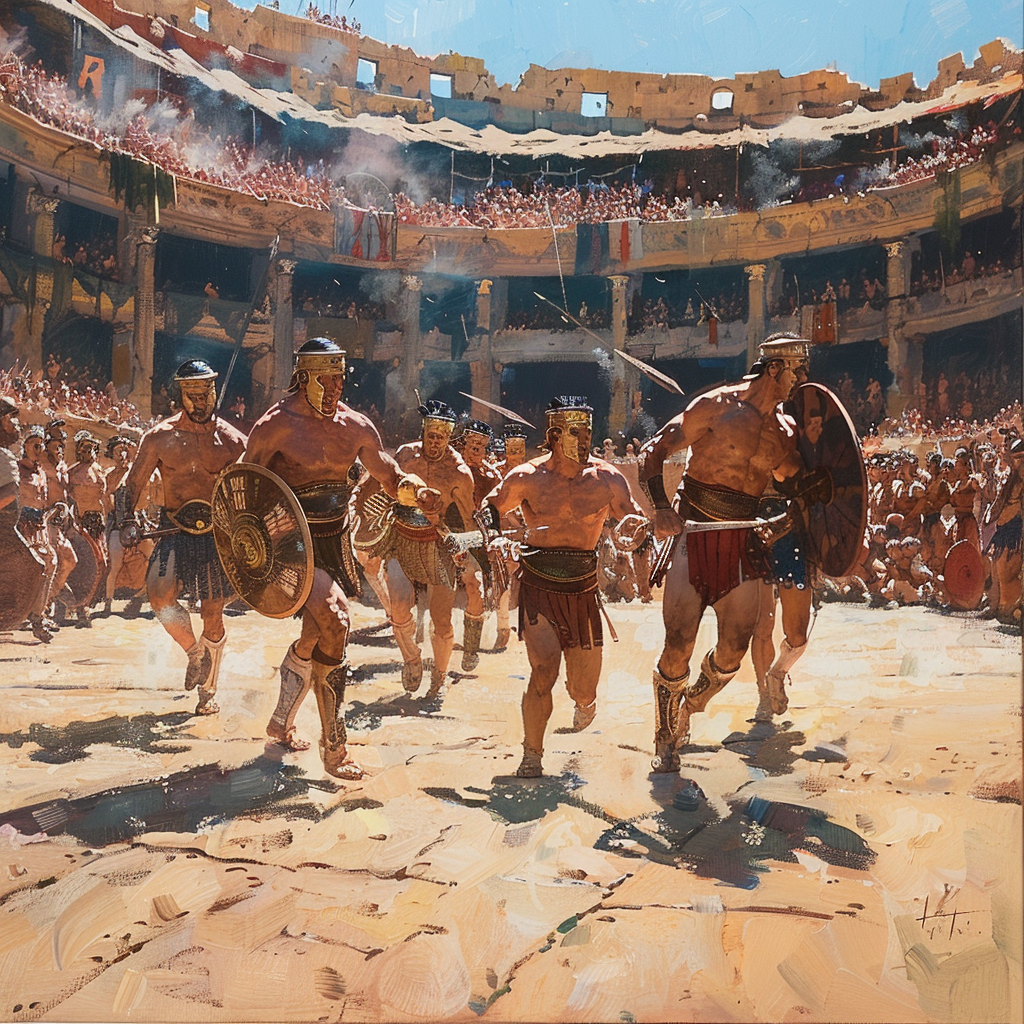 Oil painting of Roman gladiators entering arena. Spectators watch.