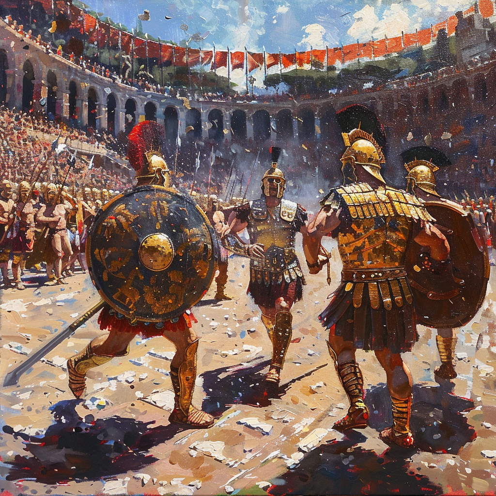 Oil painting of Roman gladiators in arena, crowd cheers.