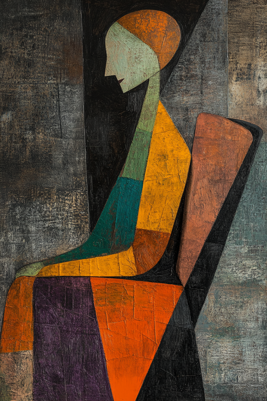 Oil painting of a woman with abstract features.