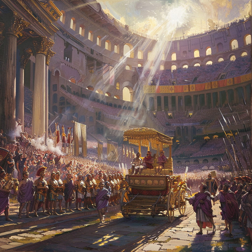 Oil painting of emperor's grand entrance into Roman Coliseum.