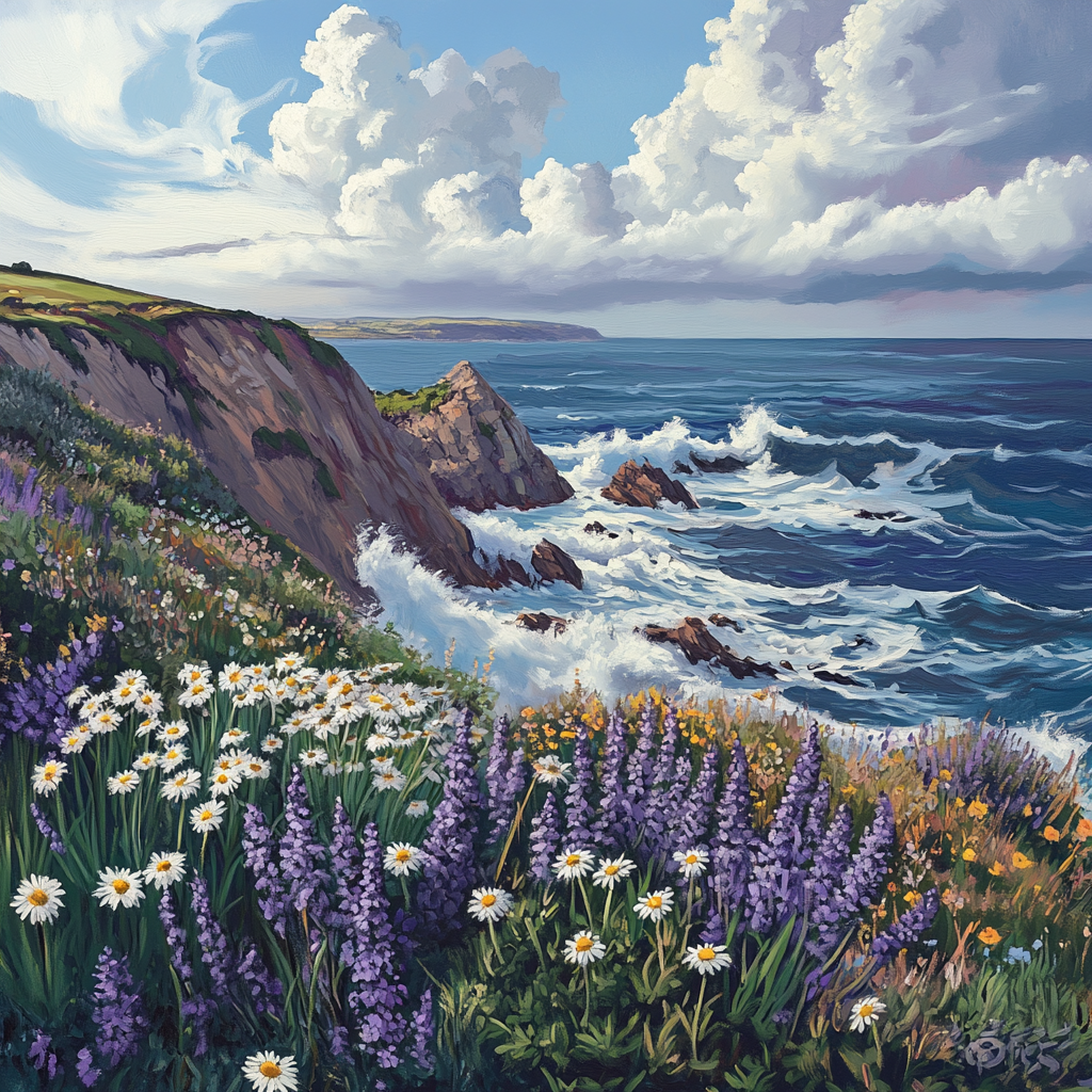 Oil painting of rocky coast, flowers, crashing waves, dramatic sky.