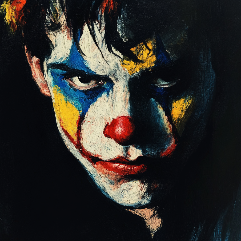 Oil painting of sad young man with clown makeup