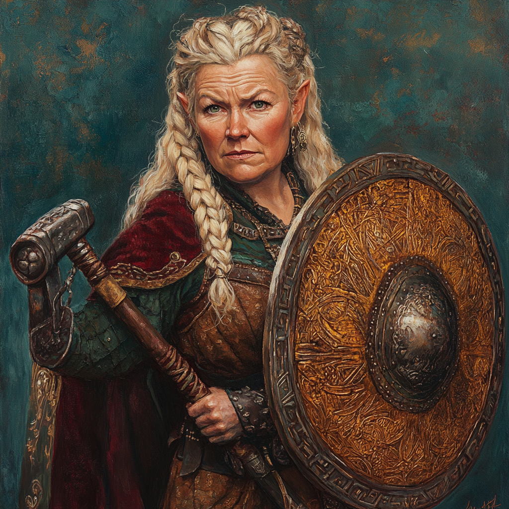 Oil painting of shield maiden dwarf cleric warrior.