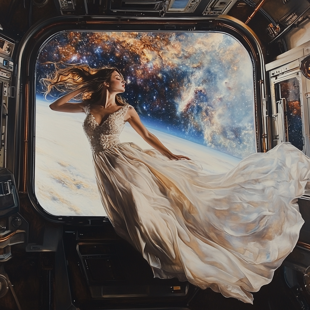 Oil painting of woman floating in space station habitat.