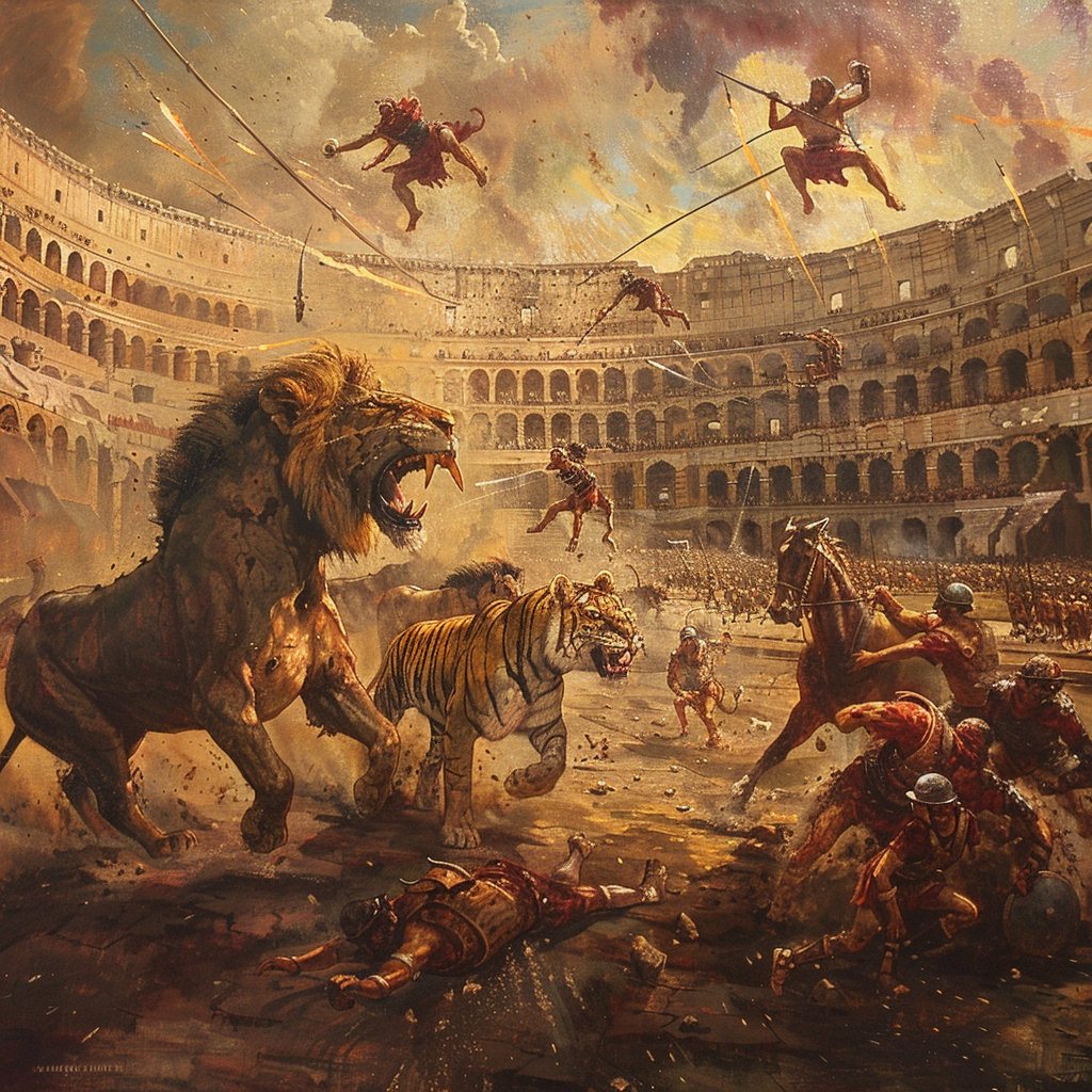 Oil painting shows exotic animals, Roman hunters battling.