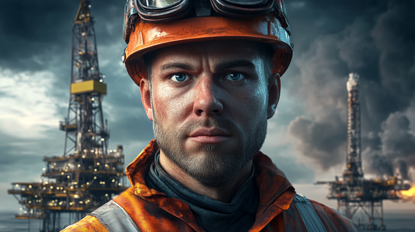 Oil rig worker on game cover, realistic 3D art.