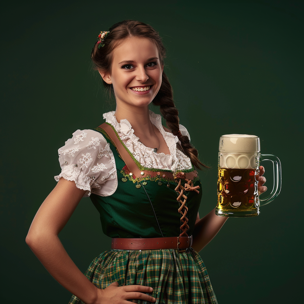 Oktoberfest Woman in Green Dirndl Holding Beer