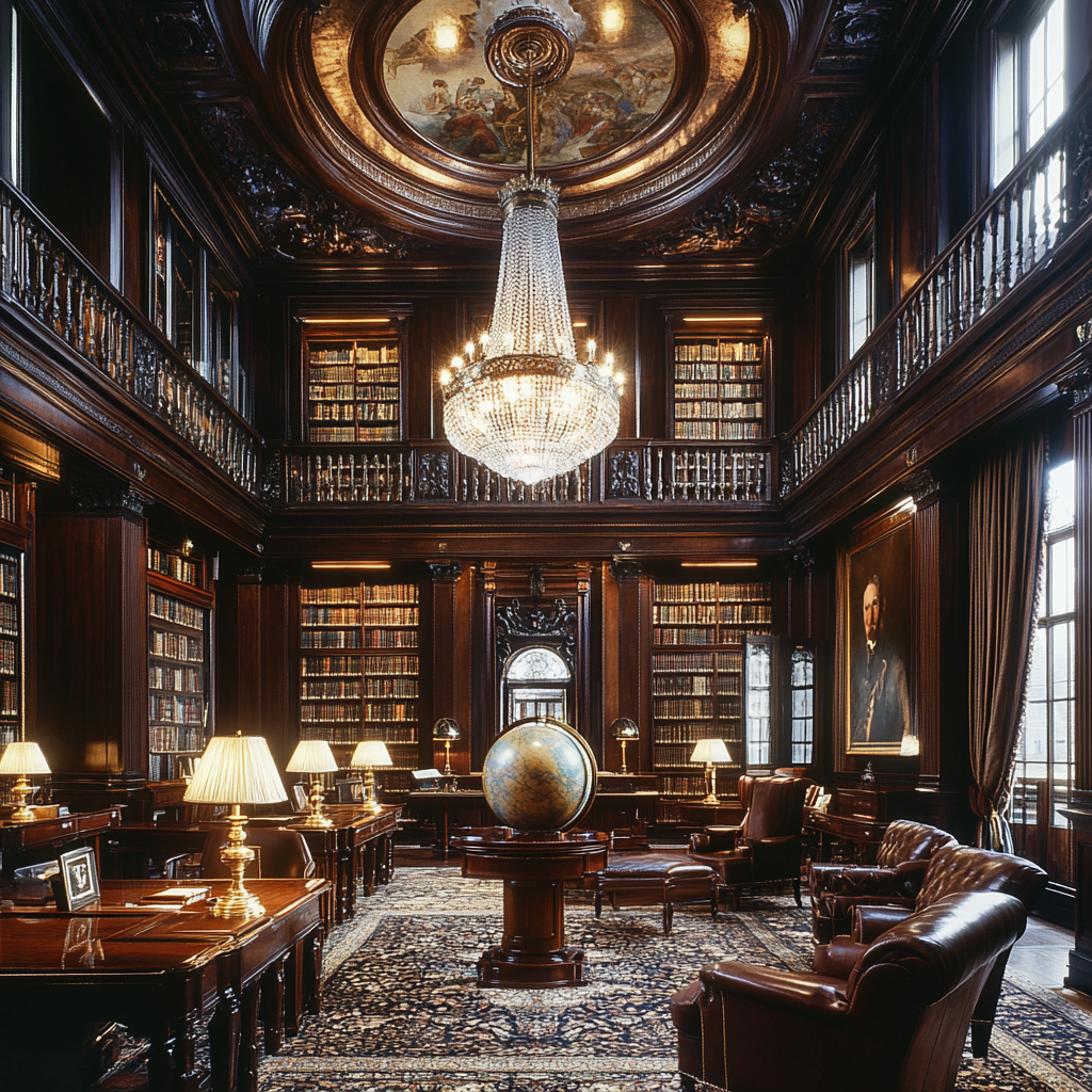 Old, elegant library with dark wood walls, leather books.