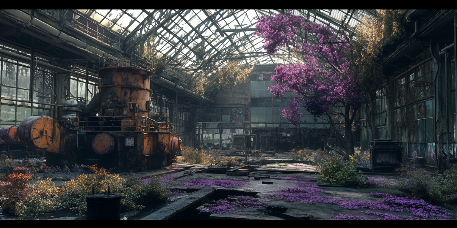 Old, rusted industrial building with colorful flowers inside.