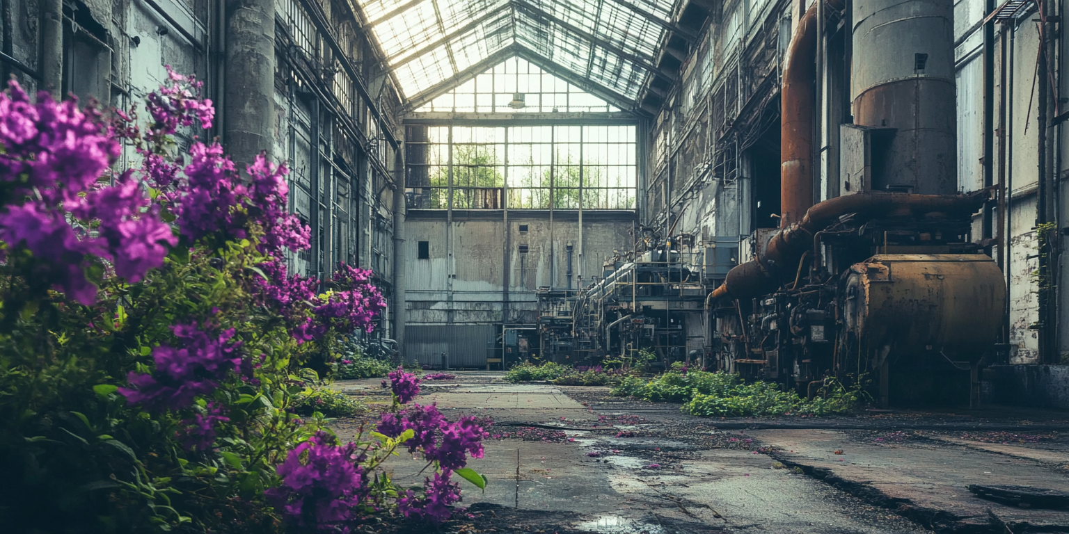 Old, rusty industrial building with colorful flowers inside.