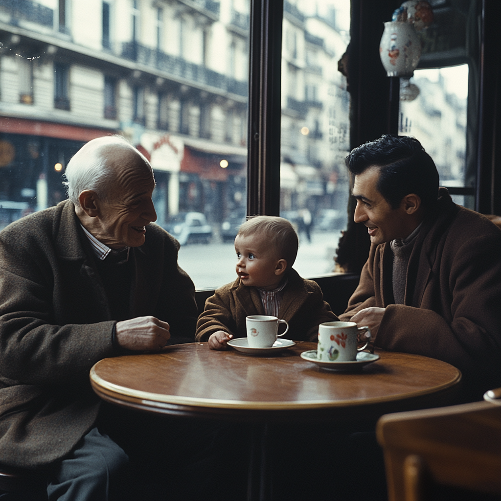 Old, young, and toddler discussing philosophy in Paris café.