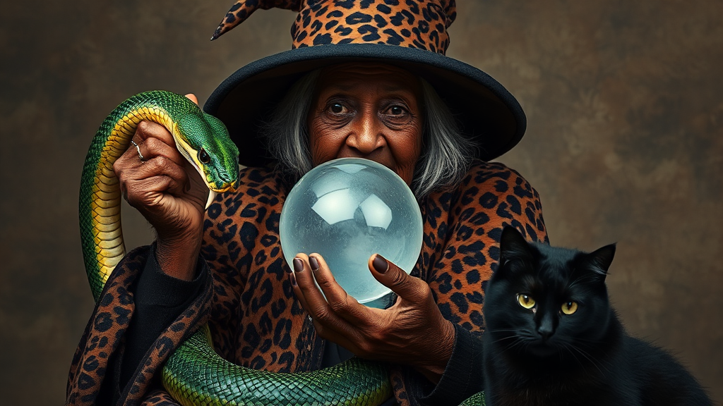 Old African granny witch with leopard skin, crystal ball.