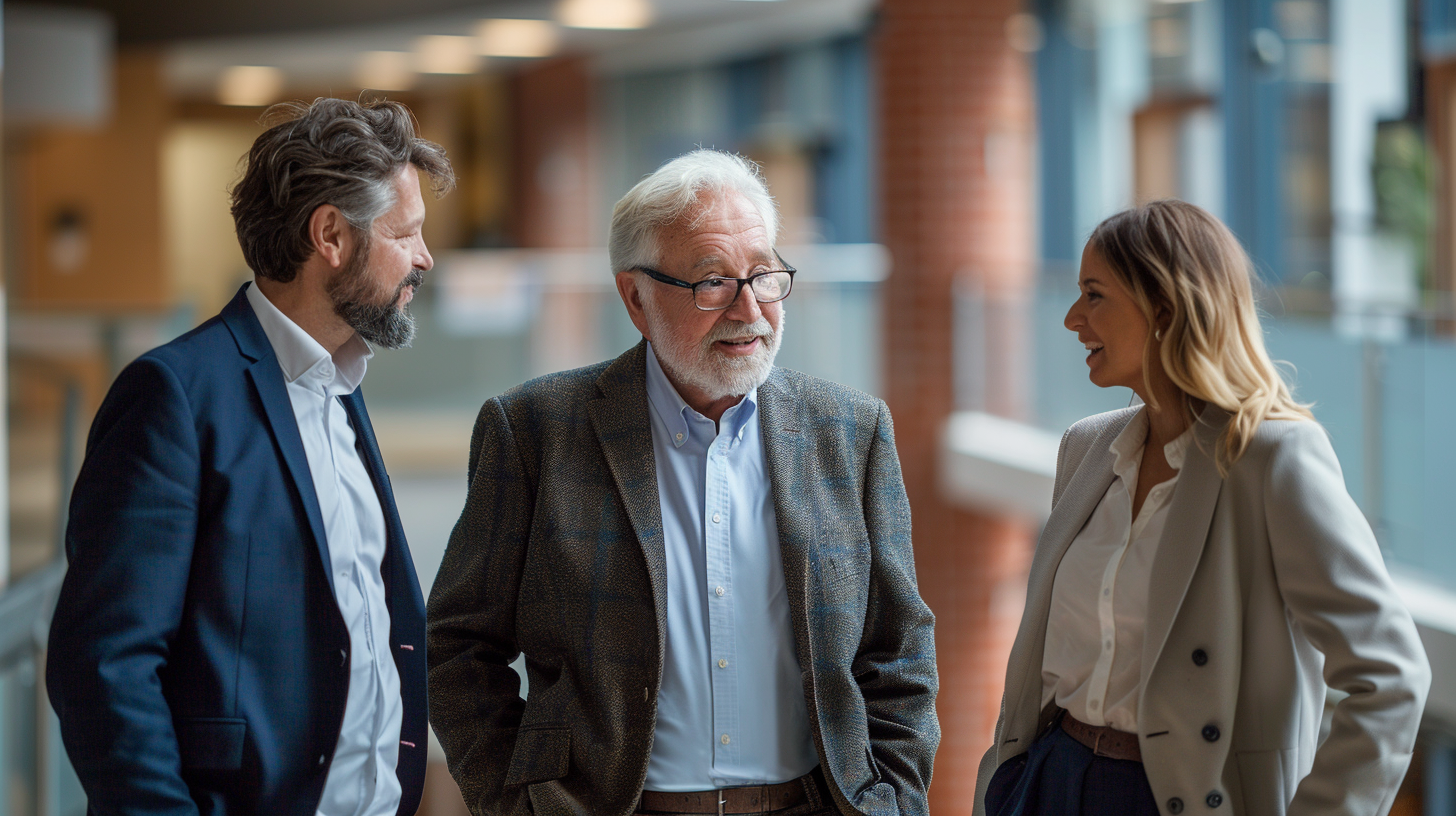 Old CEO talking to young managers in office.