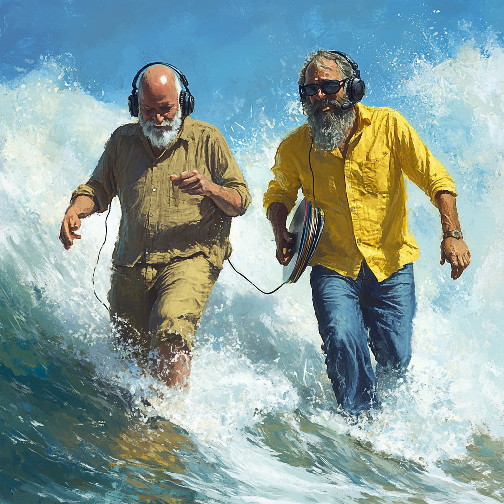 Old DJs with albums surfing wave in Malibu.