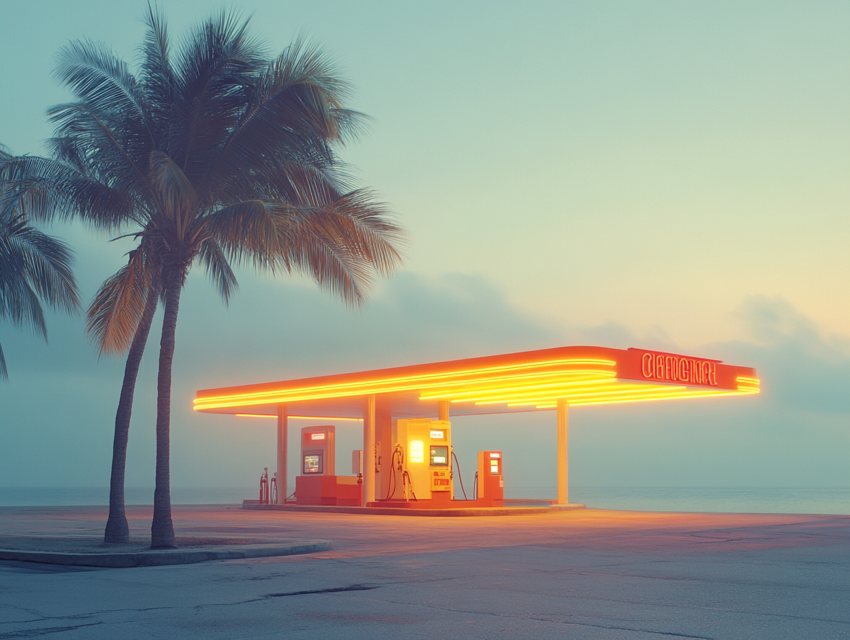 Old Gas Station by Sea with Palm Trees