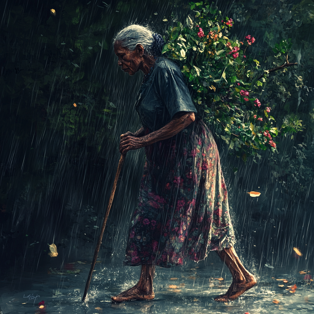 Old Haitian woman with magical powers walks barefoot.