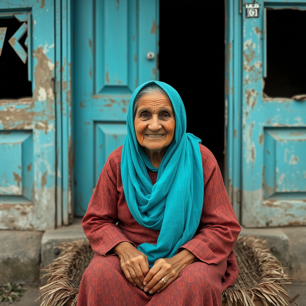 Old Iranian woman in traditional dress smiles