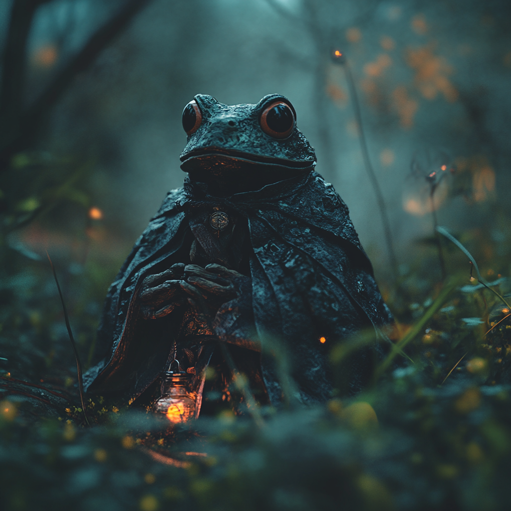 Old Japanese wooden frog wizard puppet in misty bog.