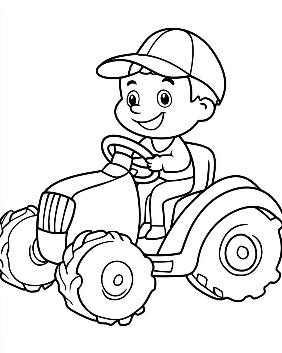 Old MacDonald drives a tractor in a coloring page.