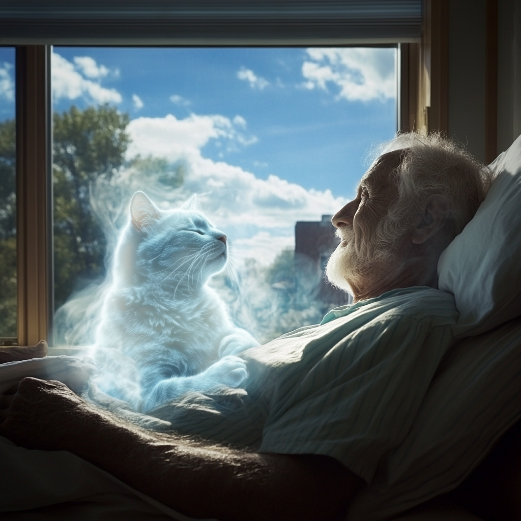 Old Man and Happy Cat in Sunny Room