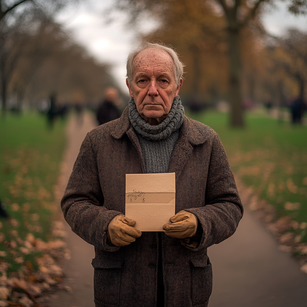 Old Man in Park Holding Envelope