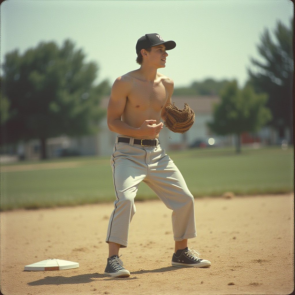 Old Photo of Teen Playing Baseball in 1980s Suburb