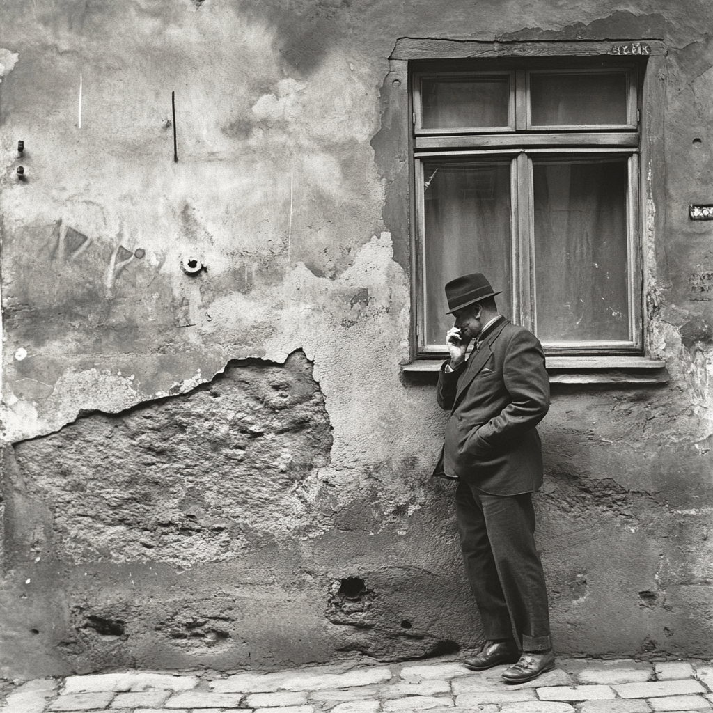 Old Prague street, post-war Czechoslovakia, man spy smoking.