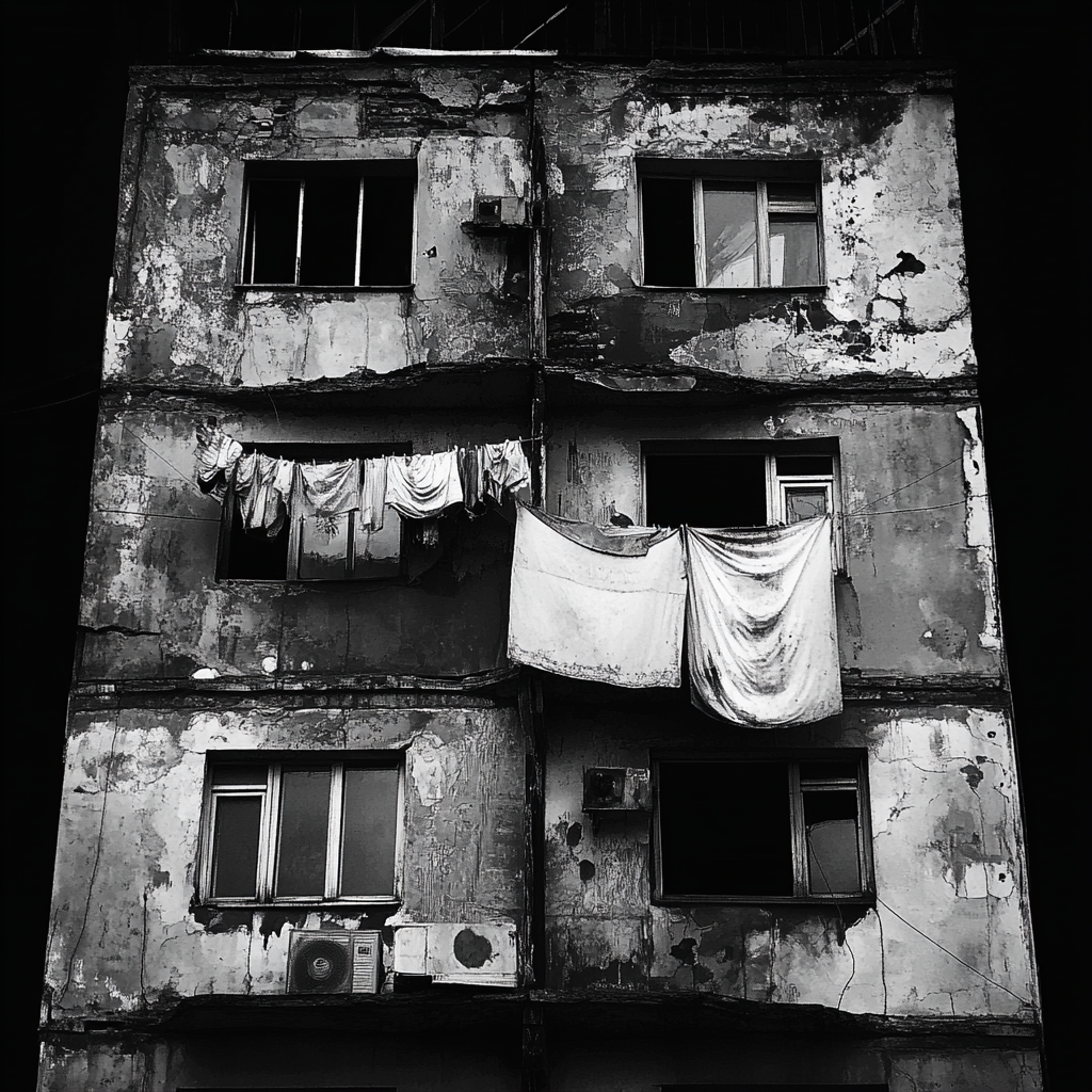 Old Russian style house with laundry hanging outside.