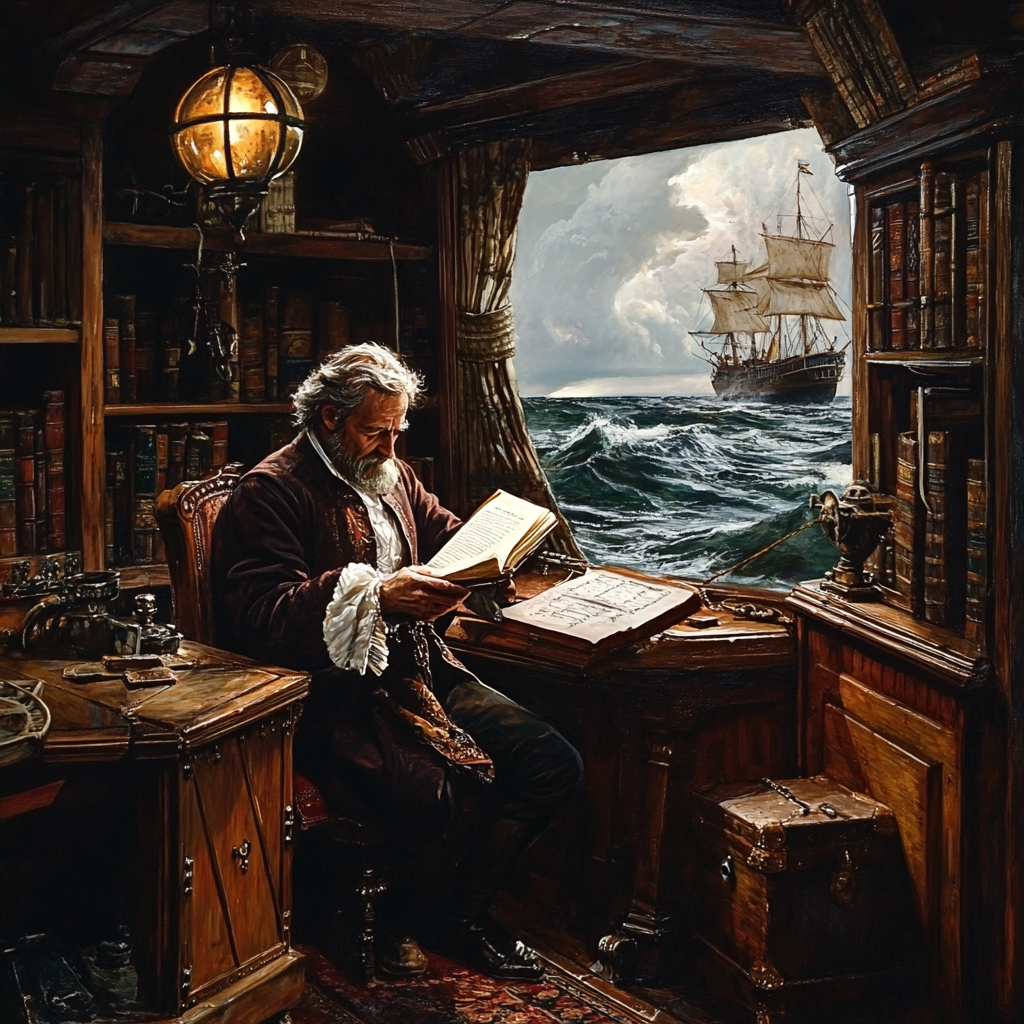 Old Scholar Reading Book in Captain's Boat Chamber